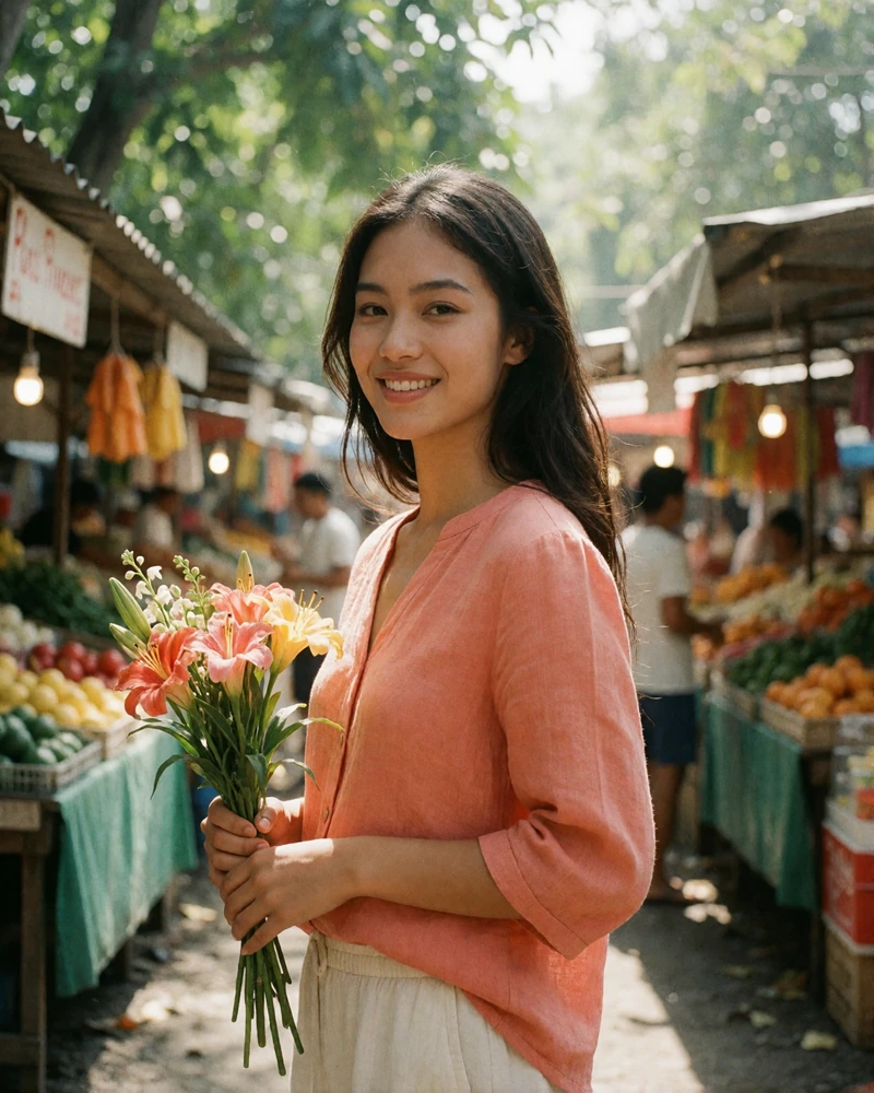Filipina woman in a coral blouse holding tropical flowers in an open-air market in Davao