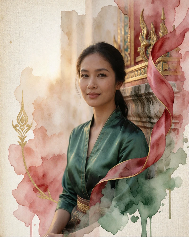 Thai woman in an emerald silk blouse with gold trim seated near an old temple wall in Ayutthaya
