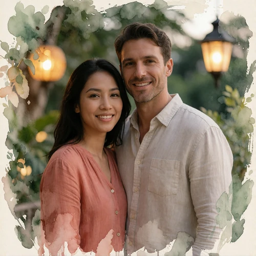 Malaysian woman and Western man smiling together on a leafy Kuala Lumpur terrace at dusk