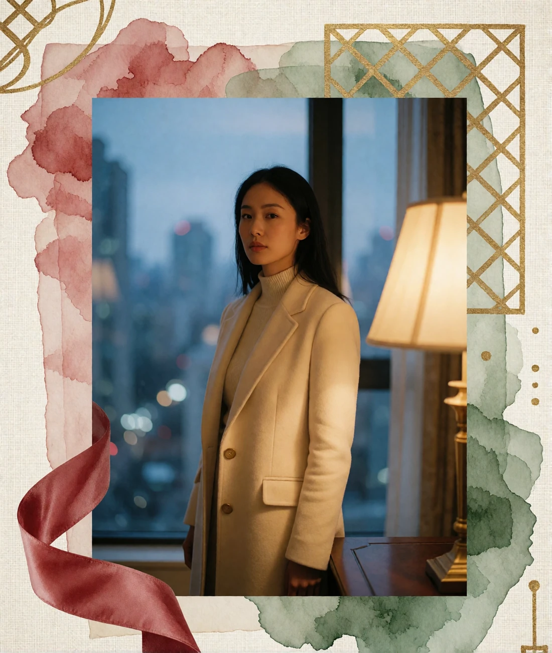 Chinese professional woman in a tailored cream coat standing near a floor-to-ceiling window in a modern Beijing apartment at dusk