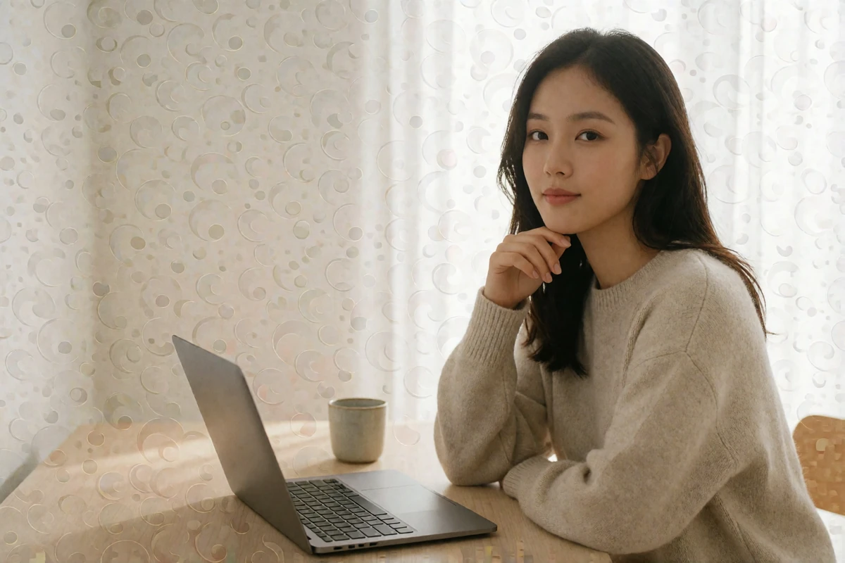 Korean woman at a home desk turning toward the camera during a video call, illustrating identity verification through video