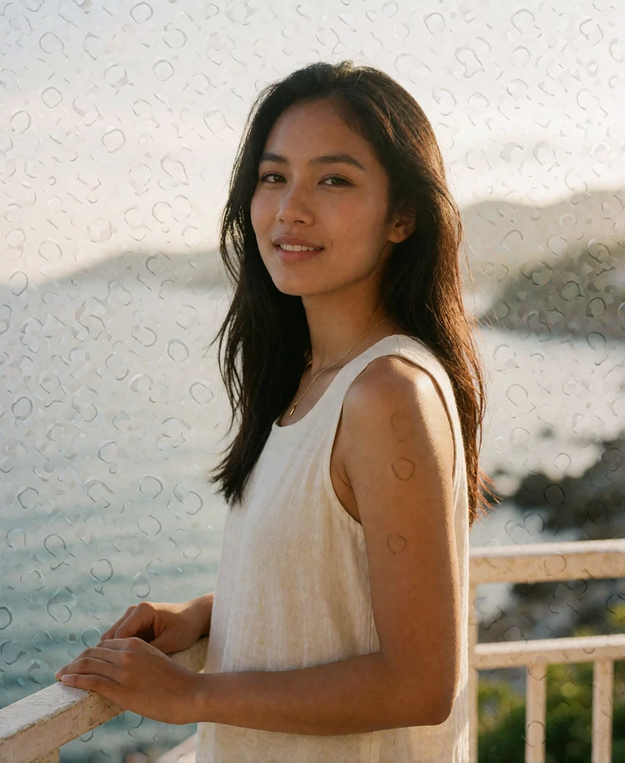 Filipina woman in her early thirties smiling on a seaside balcony in Cebu, an illustrative example of a verified MatchAsian member