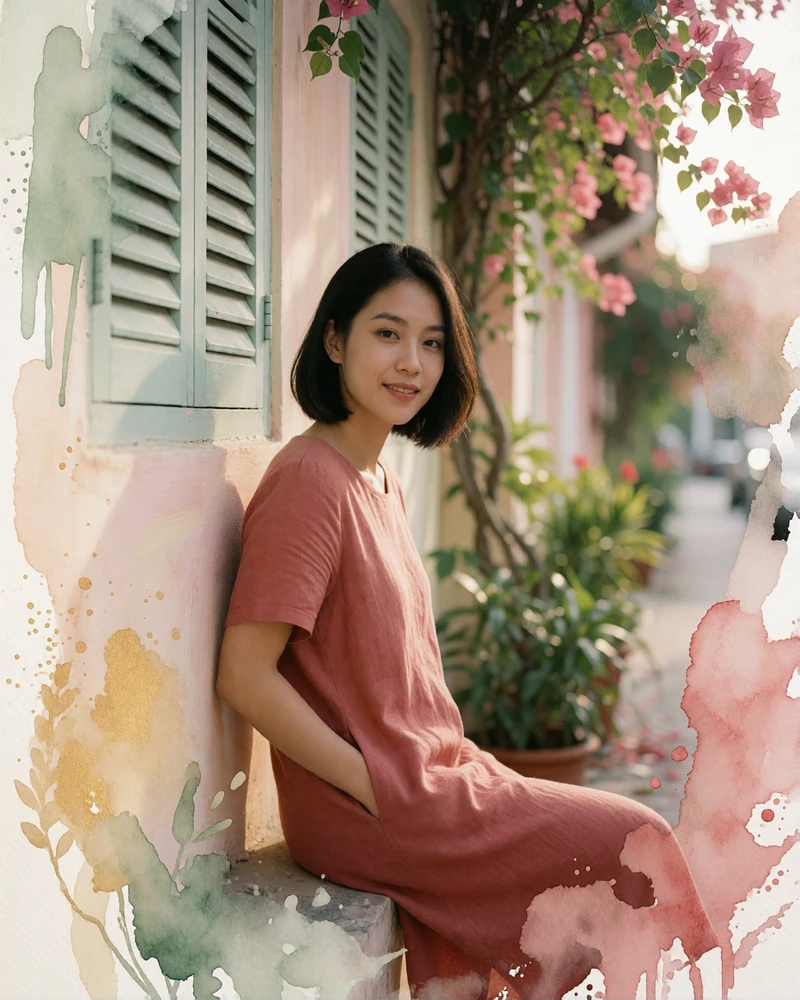 Singaporean graphic designer in a terracotta linen dress leaning against a pastel shophouse wall in Tiong Bahru