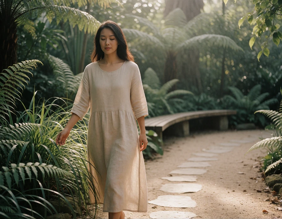 Elegant Asian woman walking slowly along a stone path through a lush botanical garden