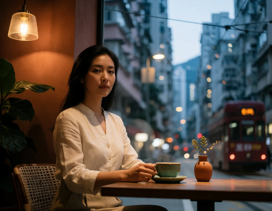 Poised Asian woman in an ivory blouse seated at a high-end Hong Kong café with illuminated street lights blurred behind her