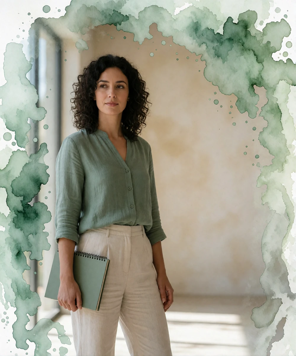 Jordanian woman in a sage green blouse holding a notebook in a bright modern office lounge