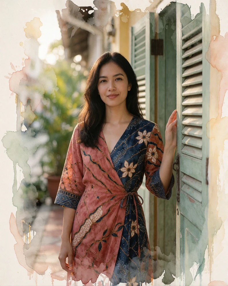 Malaysian batik textile artist in a terracotta and indigo wrap dress standing in a George Town shophouse doorway in Penang