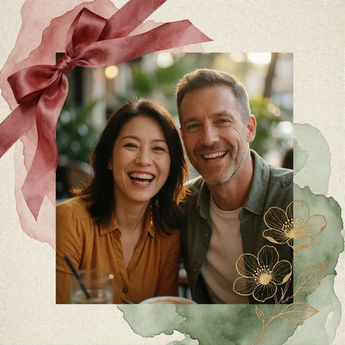 Couple laughing together on a sunlit café terrace after meeting through MatchAsian