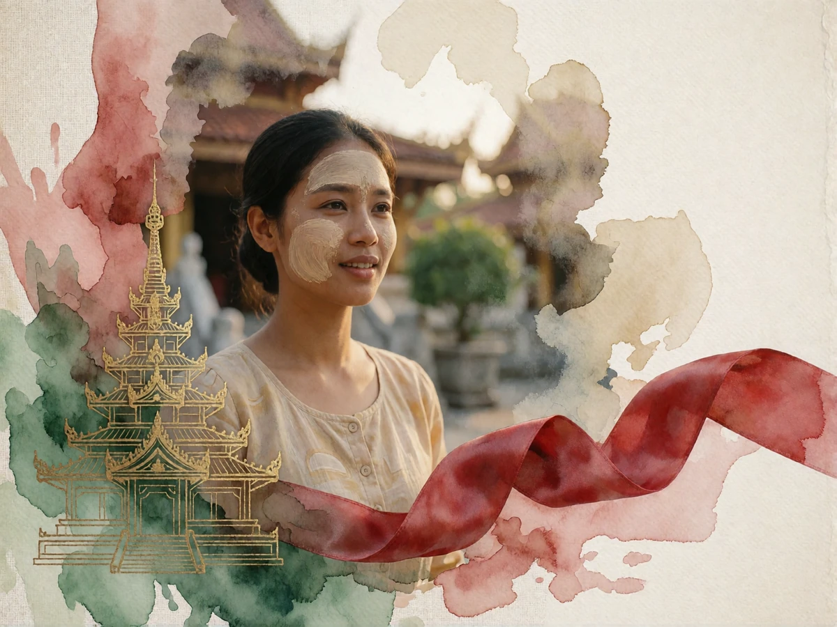 Burmese woman with thanaka paste on her cheeks smiling gently in a sunlit temple courtyard