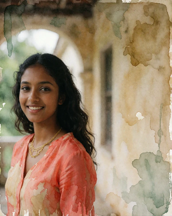 Sri Lankan woman in a coral and cream blouse smiling on a shaded veranda in Colombo