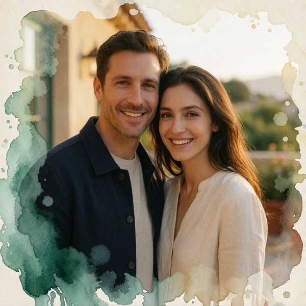 Smiling couple photographed together on a warm terrace