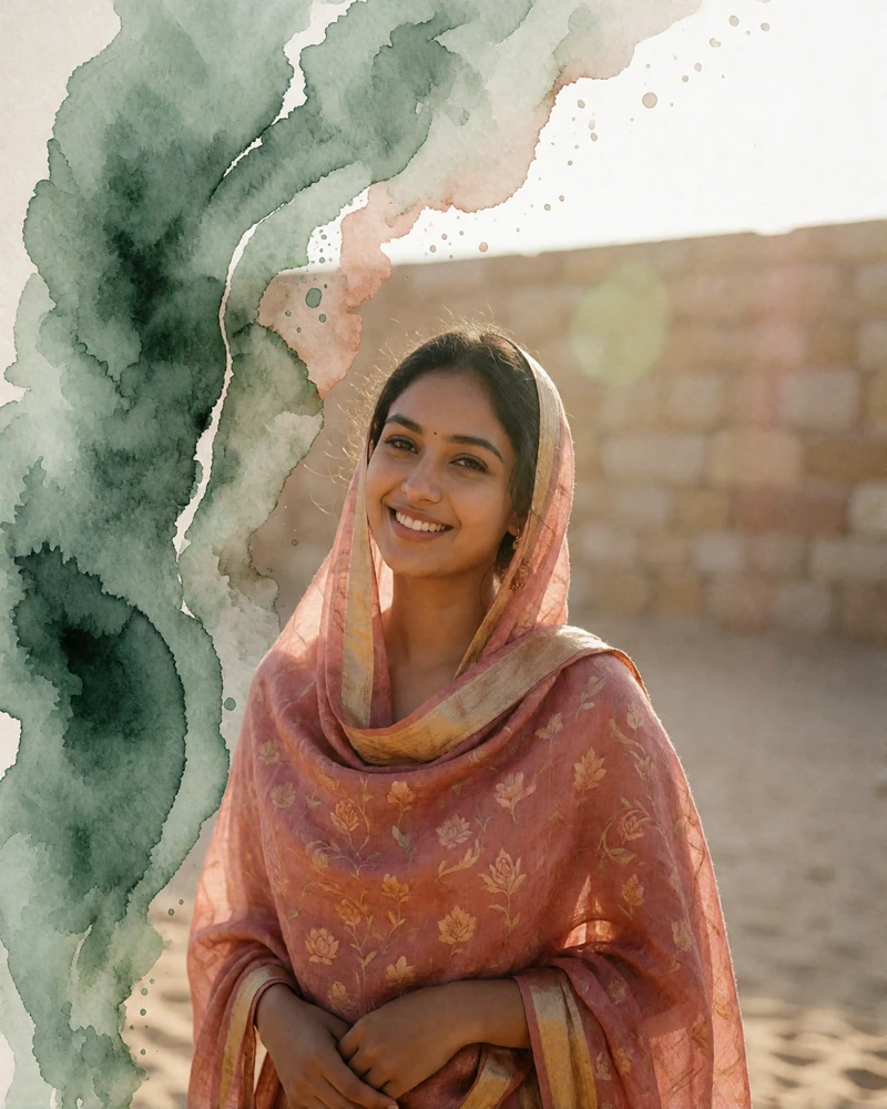 Young Indian woman in a rose and gold dupatta beside a sunlit sandstone wall in Jaipur, a verified MatchAsian member profile