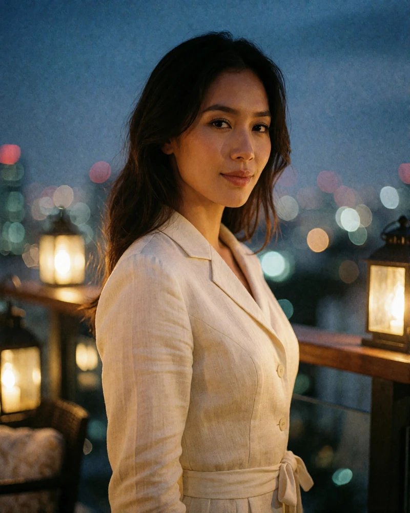 Filipina woman in an emerald blouse smiling over her shoulder at a rooftop lounge in Manila at dusk