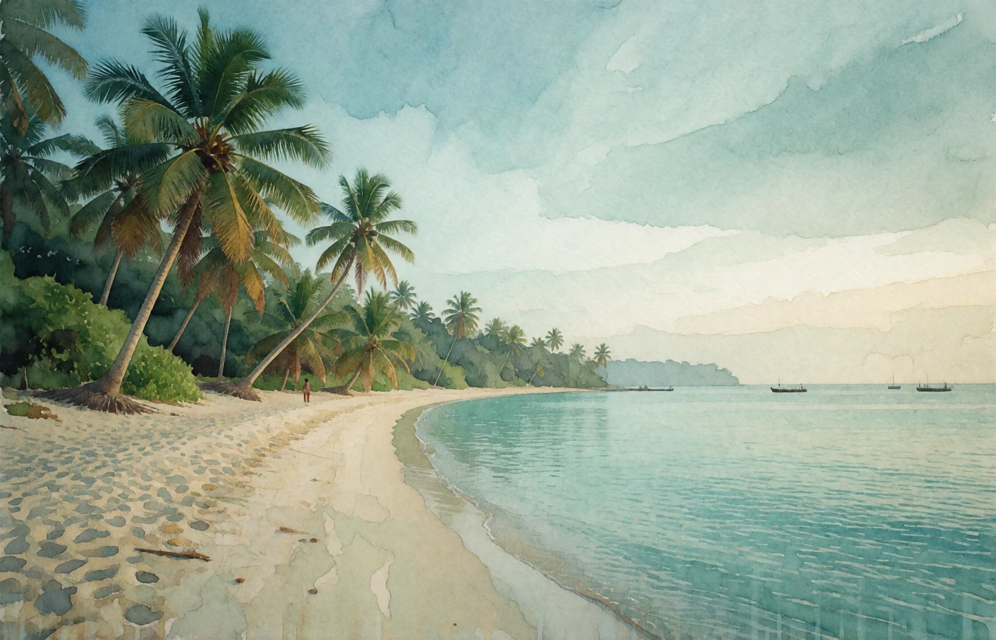 Tranquil Sri Lankan coastline at early morning with leaning palm trees and calm turquoise water, reflecting the island's unhurried pace of life