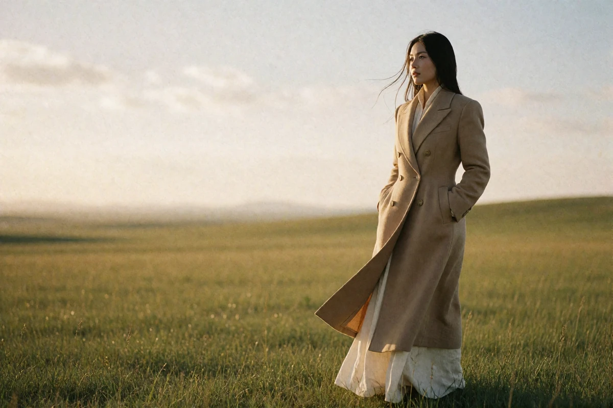 Mongolian woman in a camel wool coat standing on open grassland at golden hour, looking toward the horizon