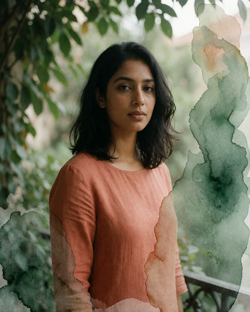Indian woman in a terracotta linen top on a leafy garden terrace in Bengaluru, a verified MatchAsian member profile
