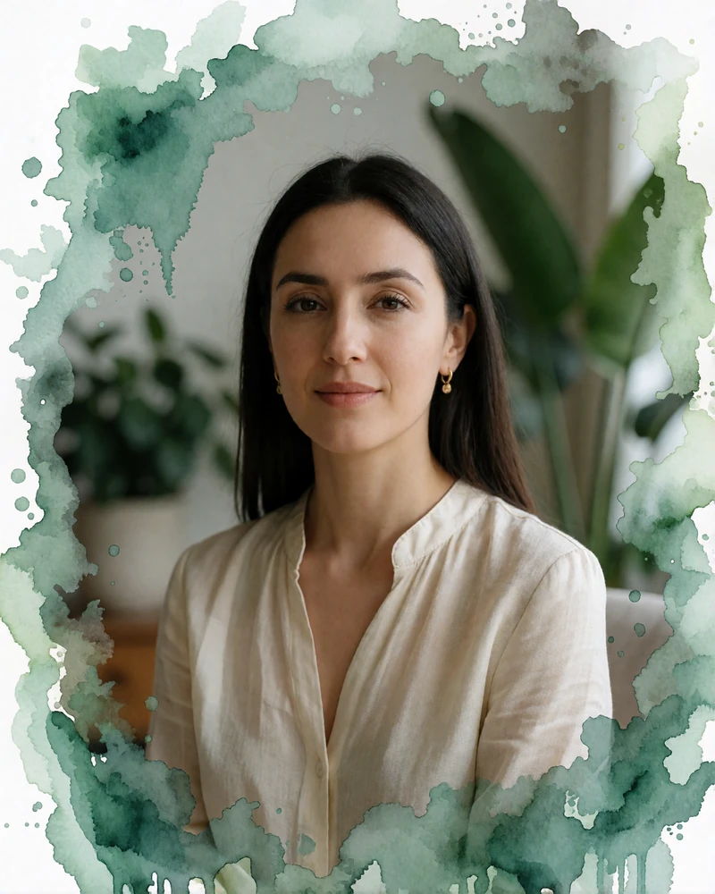 Armenian woman in a cream silk blouse smiling in a softly lit modern apartment