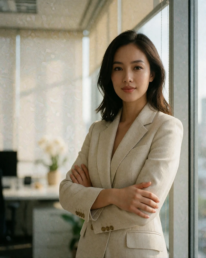 Vietnamese woman in a tailored blazer standing near a bright office window with a confident smile