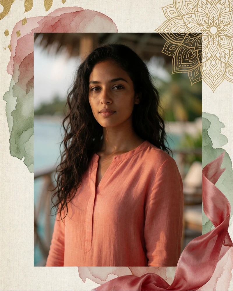 Maldivian woman in a coral linen tunic smiling on a sunlit lagoon-side terrace