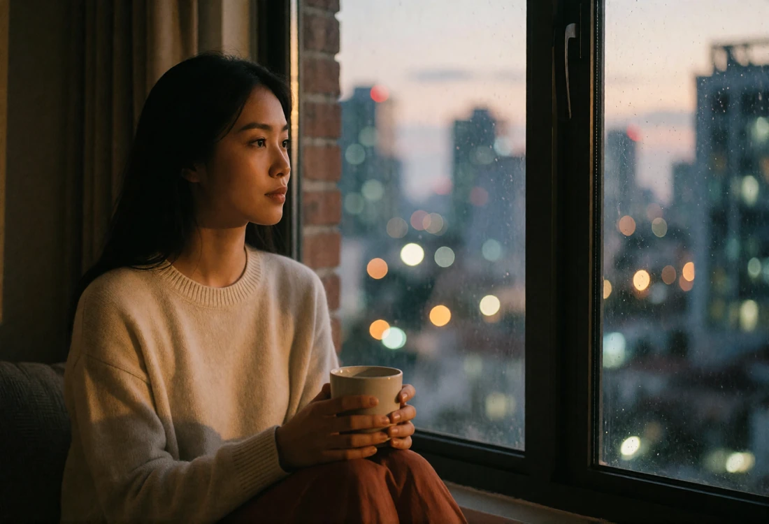 Vietnamese woman in a cream sweater looking out over a glowing Asian city skyline at blue hour with a warm cup in her hands