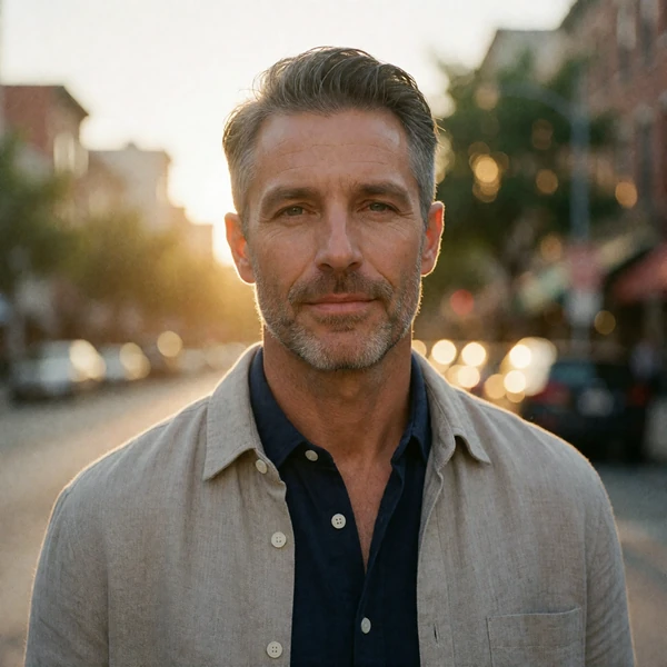 Western man in his late forties smiling warmly outdoors in the evening