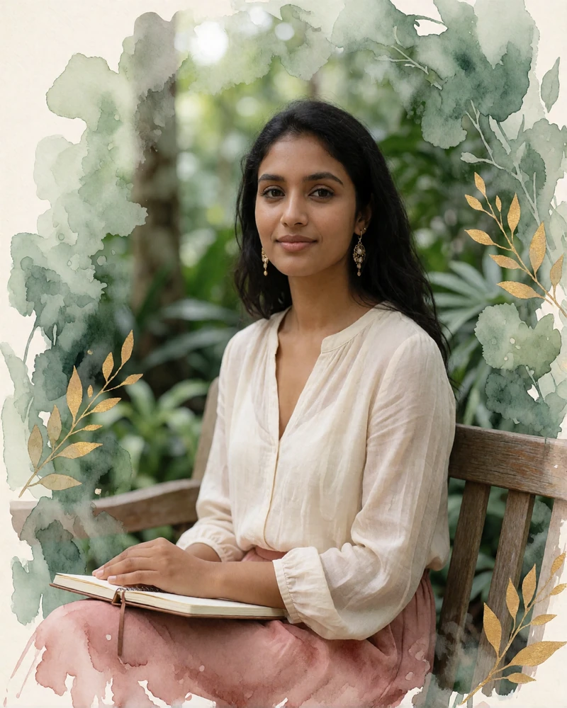 Singaporean teacher of Indian heritage in an ivory blouse sitting on a bench in the Singapore Botanic Gardens