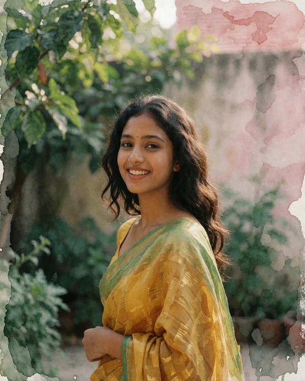Bangladeshi woman in a golden-yellow and green sari smiling in a leafy courtyard in Khulna
