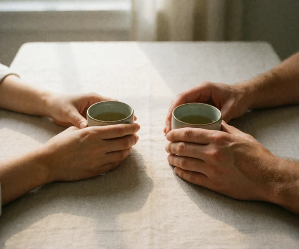 Hands of an Asian woman and a Western man resting beside two ceramic tea cups on a linen tablecloth