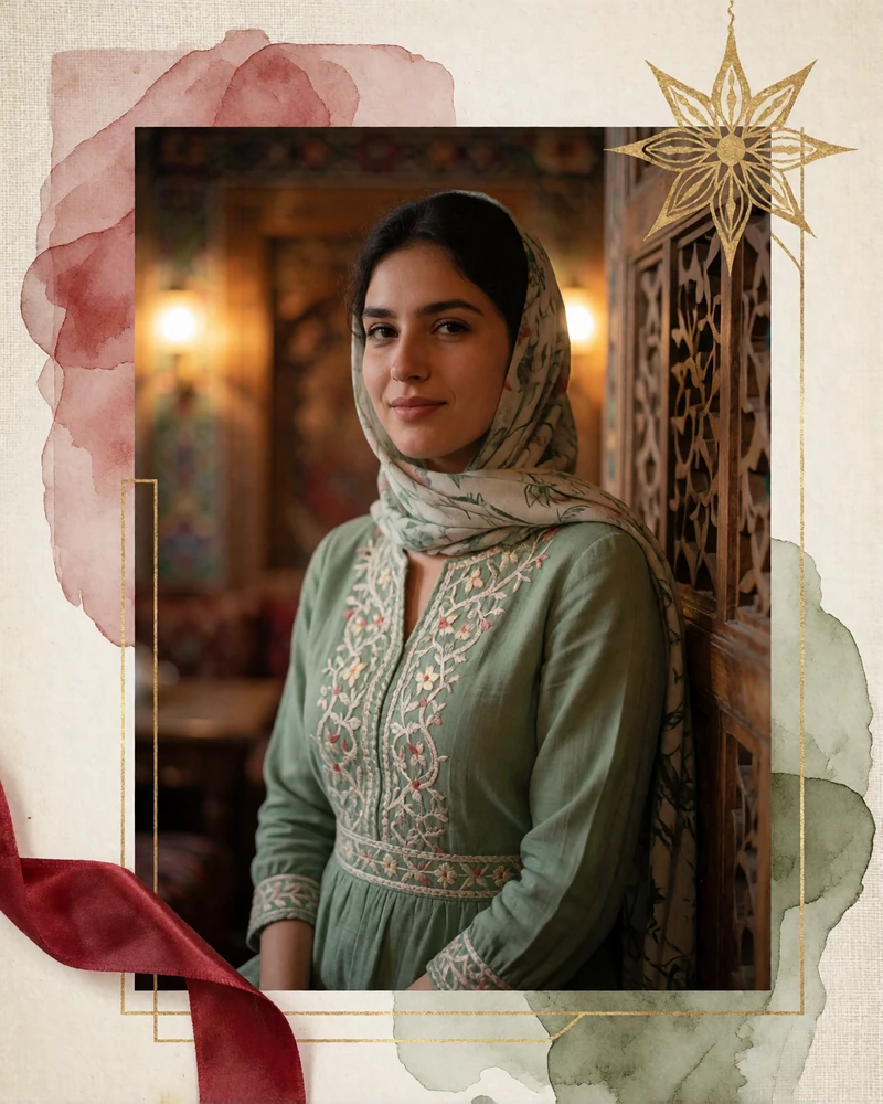 Afghan woman in a sage green embroidered dress smiling warmly inside a traditional teahouse interior
