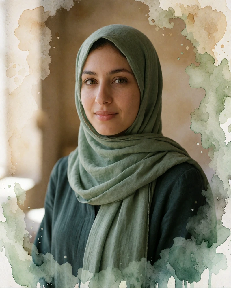 Yemeni woman in a sage green headscarf smiling warmly in a softly lit interior in Sana'a