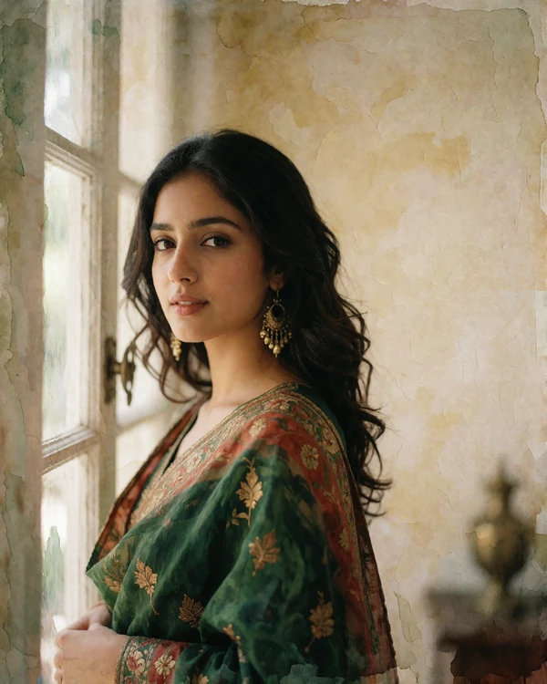 Pakistani woman in a green and terracotta embroidered dupatta standing near an open window in Multan