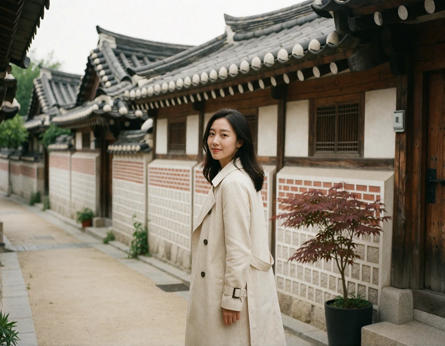Korean woman in a cream trench coat walking through a traditional hanok lane in Seoul