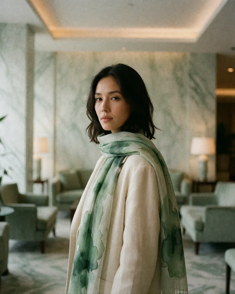 Kazakh woman in a cream coat with a neutral scarf standing in an elegant hotel lobby in Karaganda