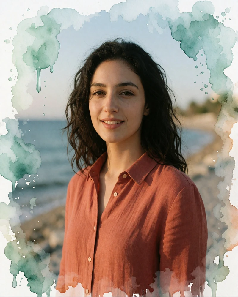 Jordanian woman in a terracotta linen shirt relaxing along the seaside promenade in Aqaba