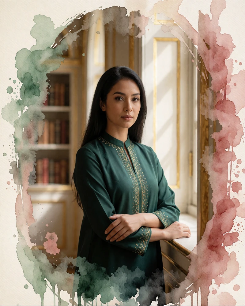 Bruneian woman in a deep emerald tunic with gold detailing standing beside a tall arched window in a quiet reading hall