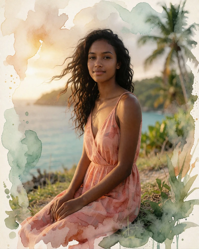 Timorese woman in a coral dress standing on a grassy bluff above a turquoise bay near Com