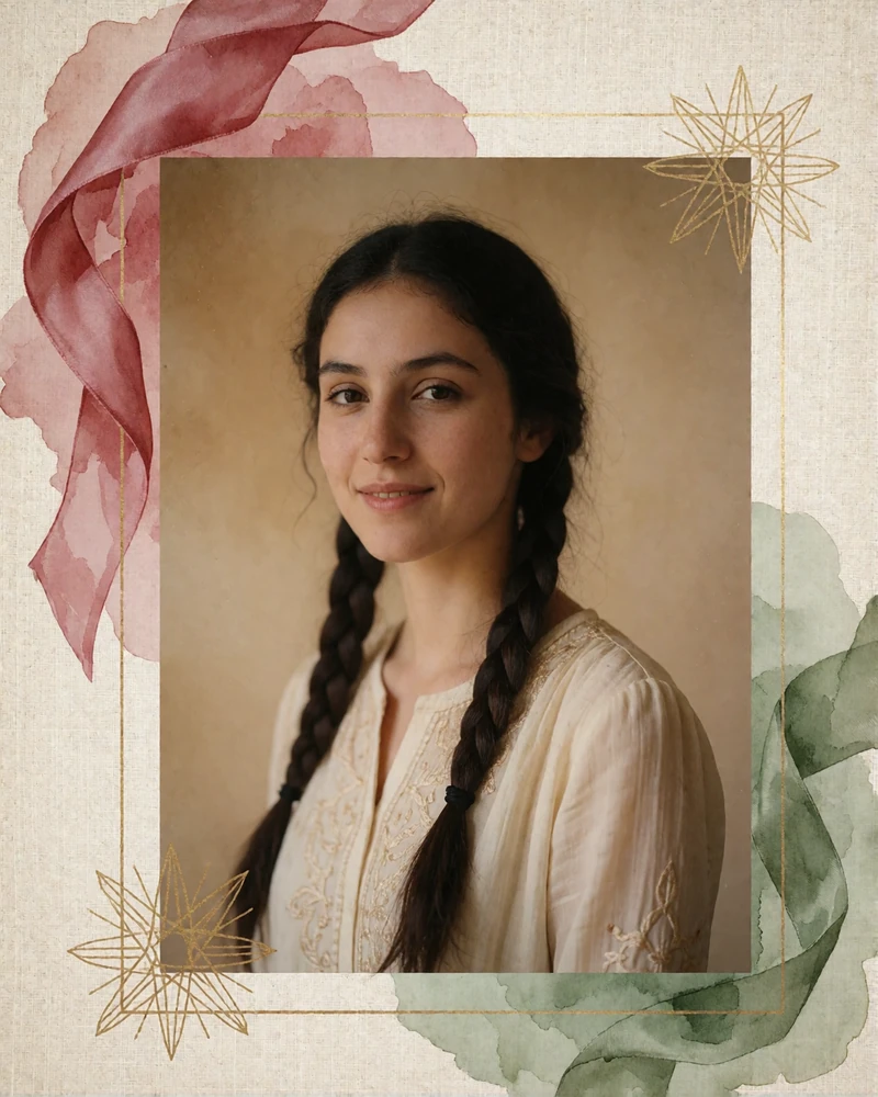 Young Afghan woman with braided hair and a soft smile in a warm studio portrait