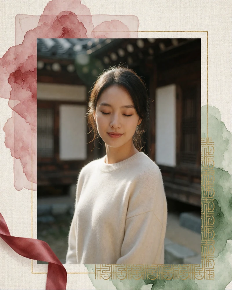 Korean woman in an ivory sweater smiling gently in front of a blurred traditional hanok courtyard