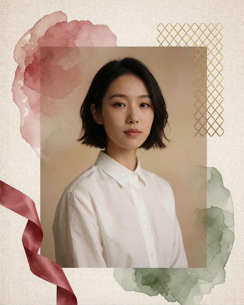 Chinese woman with a short bob haircut wearing a crisp white shirt, photographed in a soft studio portrait