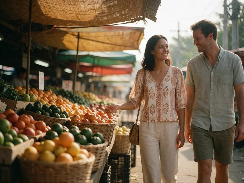 Southeast Asian woman and Western man walking together through an open-air flower market