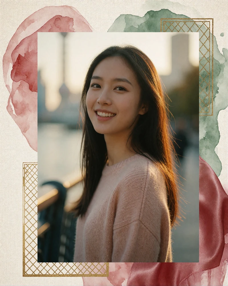 Chinese woman with long straight hair smiling brightly along the Shanghai riverside promenade at golden hour