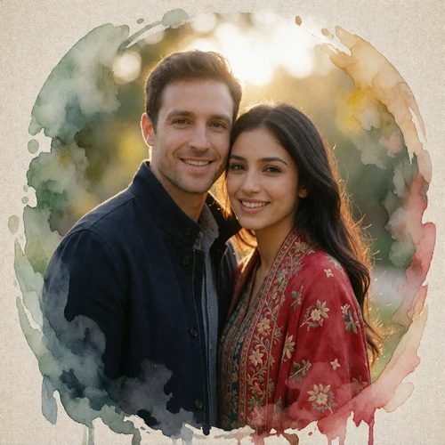 Smiling couple photographed outdoors at golden hour after meeting through MatchAsian