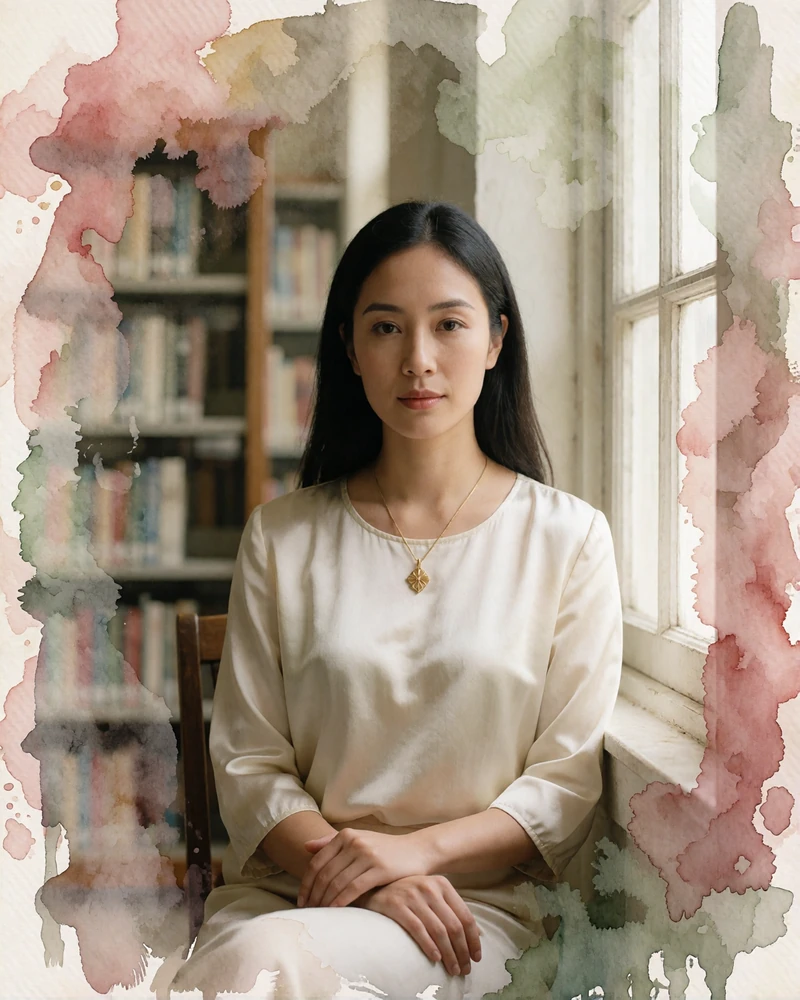Malaysian teacher of Chinese heritage in an ivory silk blouse reading by a window in an Ipoh library