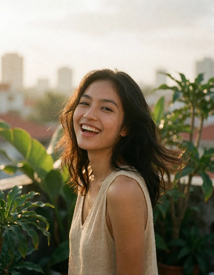 Verified Filipina member laughing on a plant filled rooftop terrace in Manila at golden hour