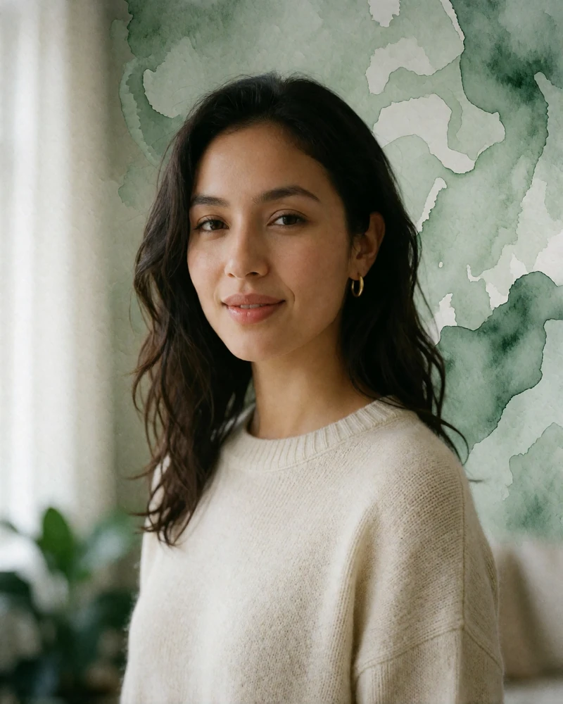 Kazakh woman in an ivory knit sweater smiling warmly in a softly lit apartment interior in Almaty