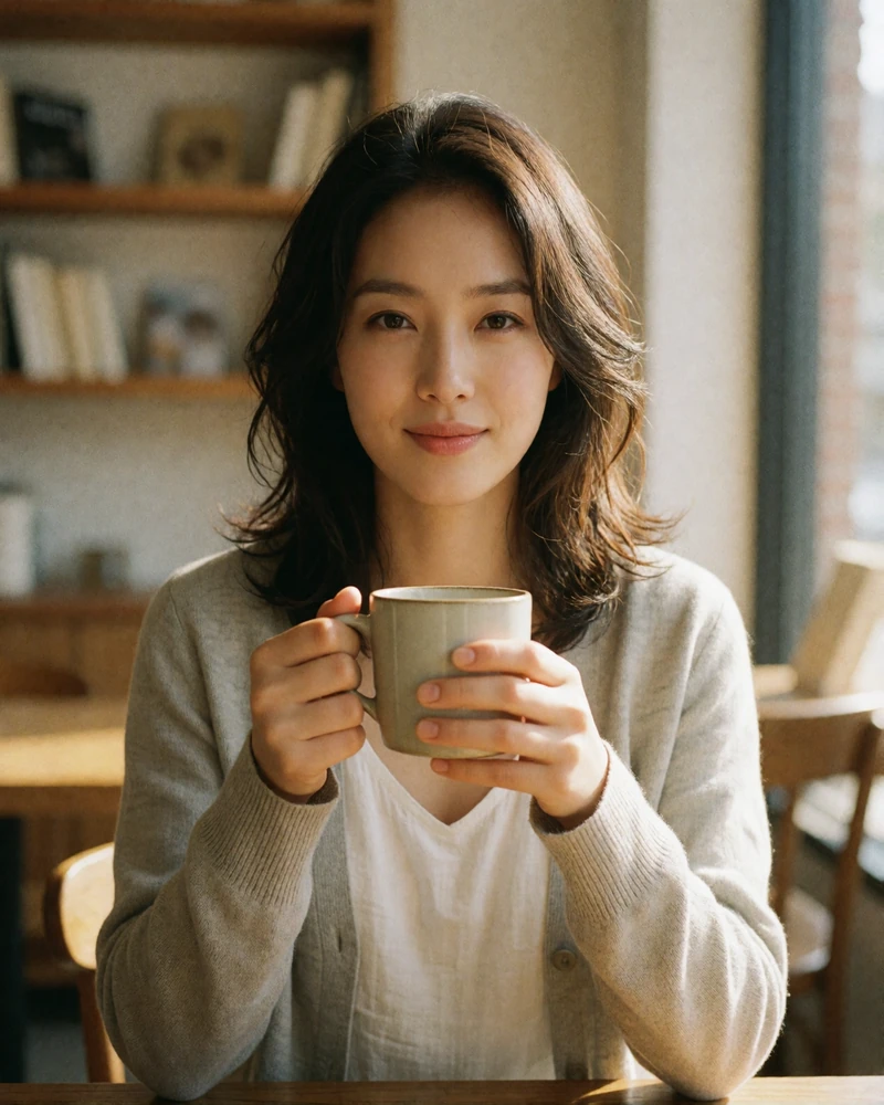 Korean woman in a dove-grey cardigan holding a mug in a quiet book café in Seoul