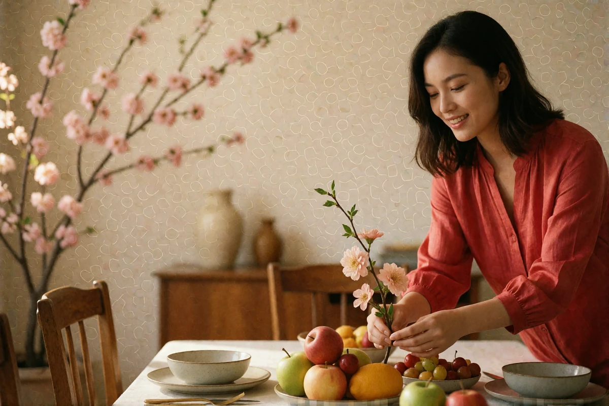 Vietnamese woman in a red silk blouse arranging flowers at a family table set for the Tet Lunar New Year celebration