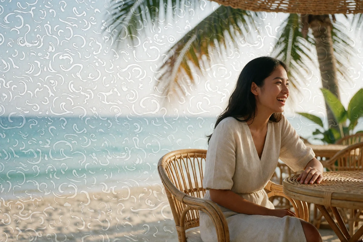 Filipina woman laughing in conversation at a seaside café terrace, illustrating natural English-language conversation with MatchAsian members